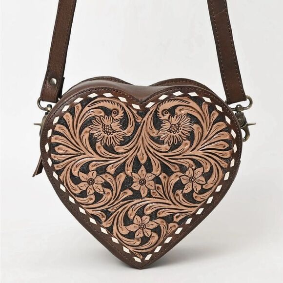 New Heart Canteen Purse American Darling Genuine Western Tooled Leather Women - Picture 8 of 11